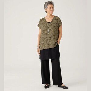 EILEEN FISHER V-Neck Square Top Womens L Green Geometric Print Silk Blend Office